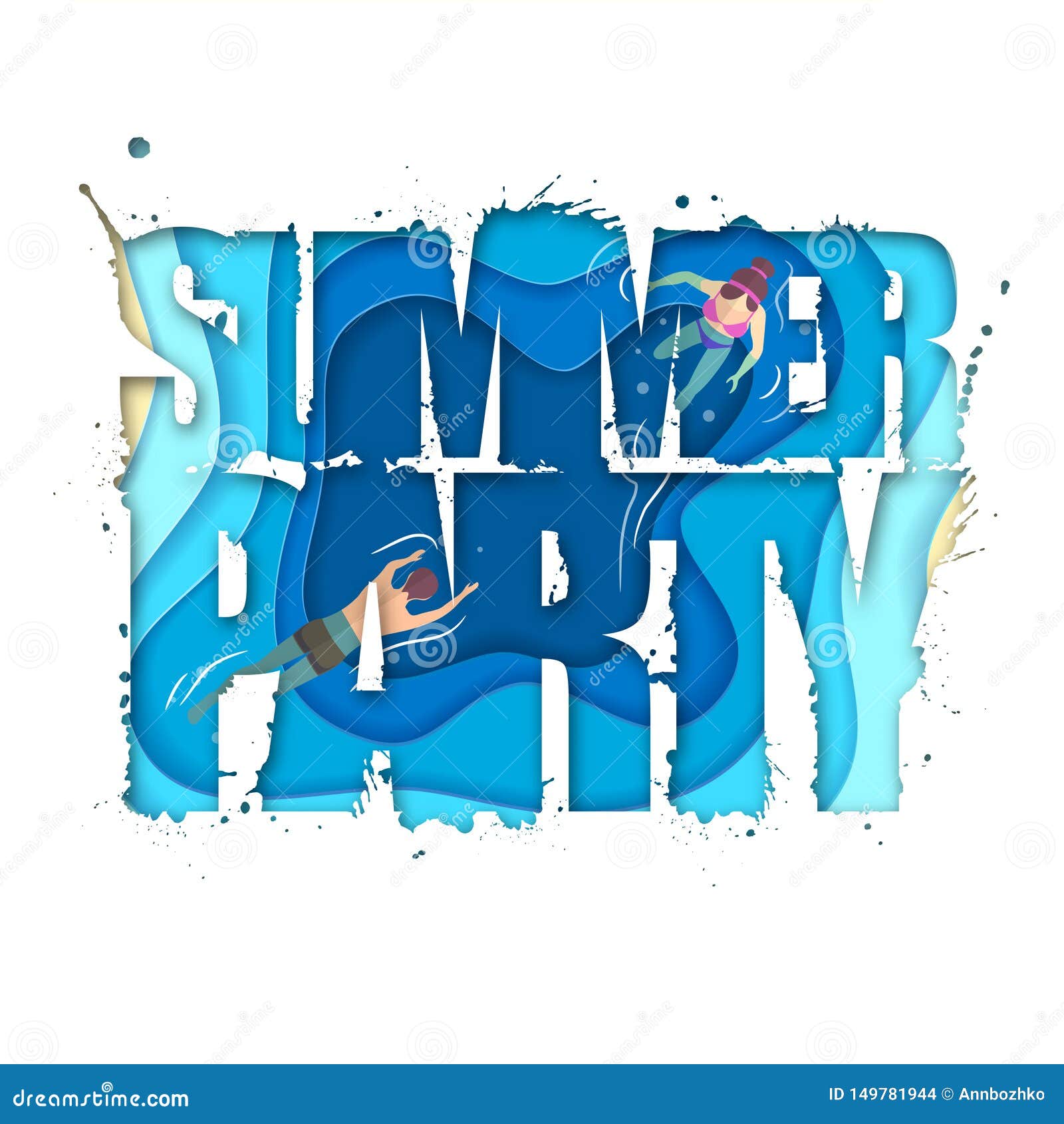 summer party typography poster with beach and ocean waves. cut out paper art style 