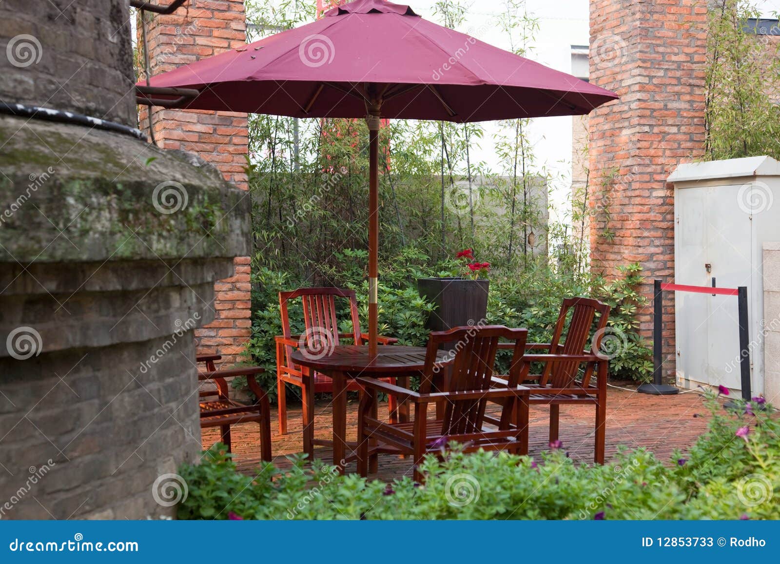 Summer Patio with Tables and Wooden Chairs Stock Image Image of shade