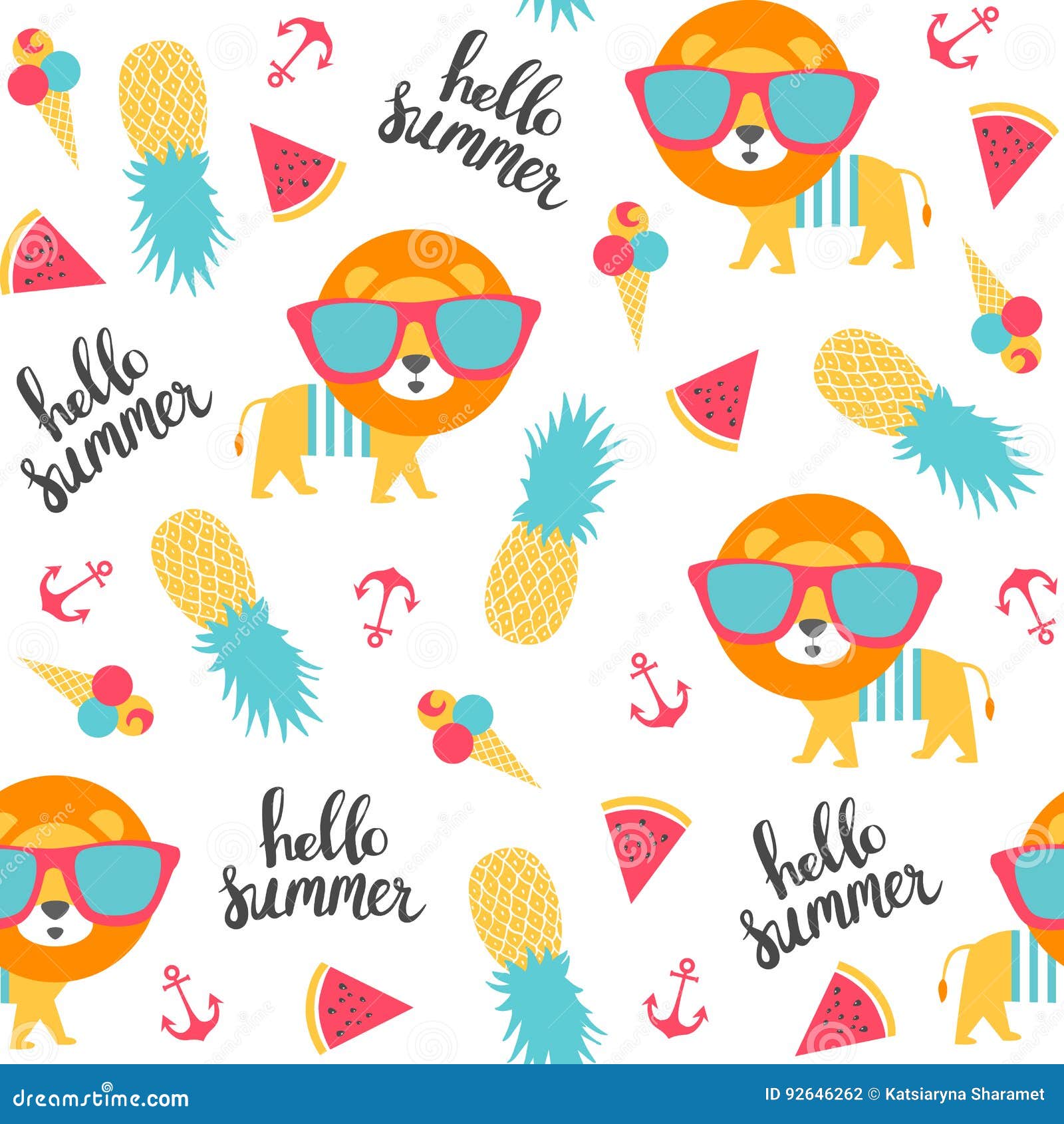 Summer Pattern with Lion and Watermelon. Stock Vector Illustration of