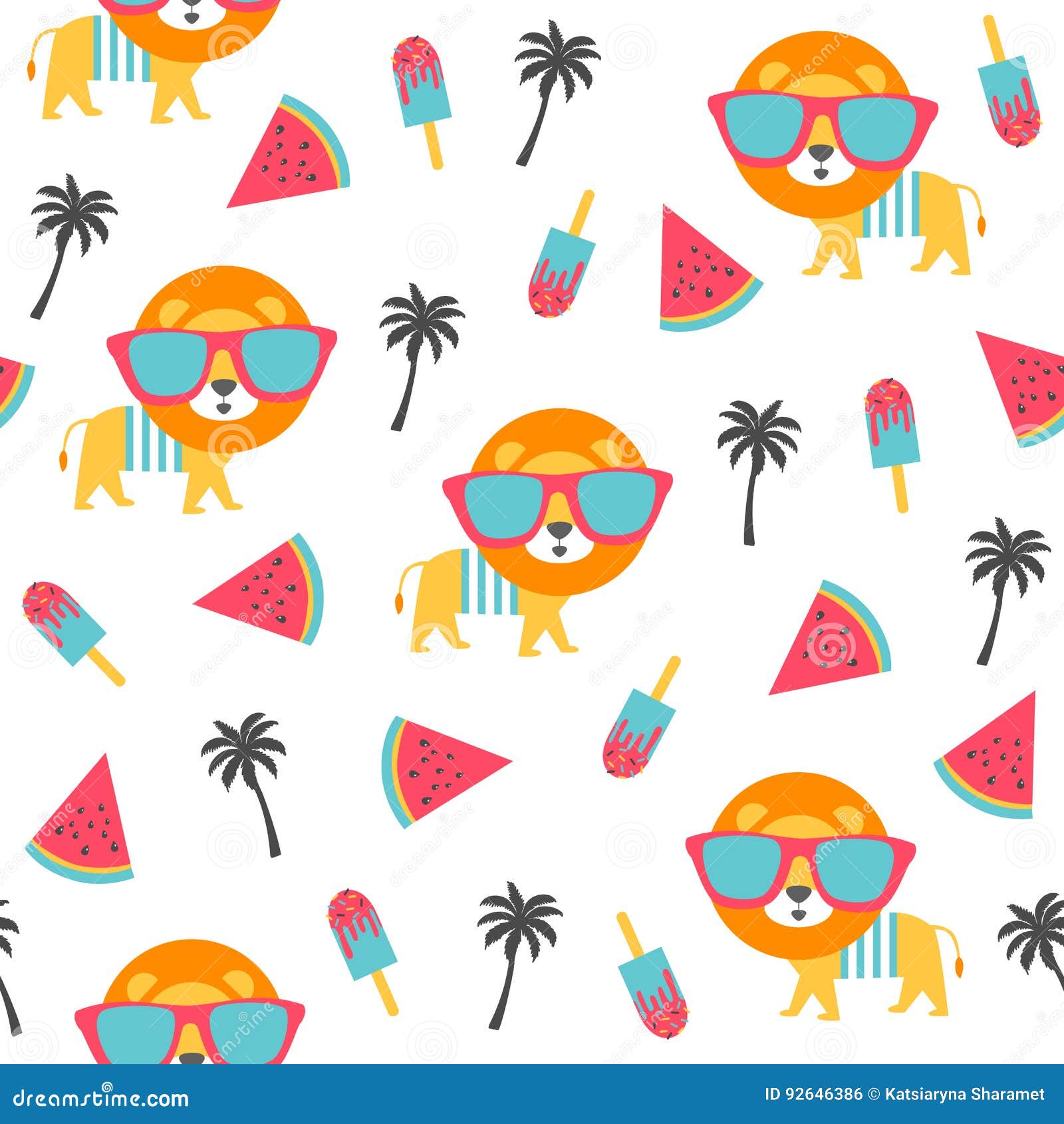 Summer Pattern with Lion and Watermelon. Stock Vector Illustration of