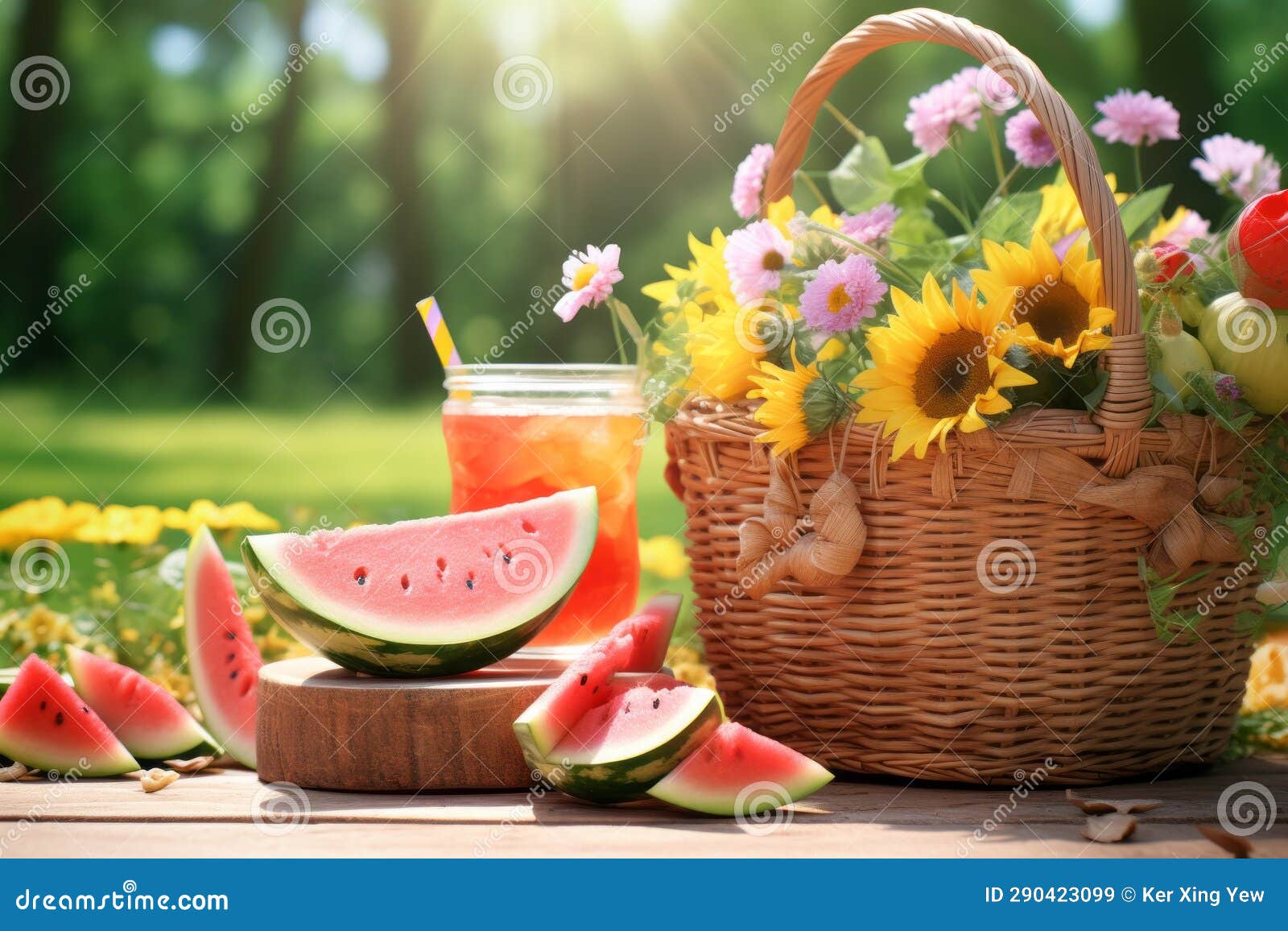 Summer Picnic with Basket and Refreshing Drinks Stock Illustration