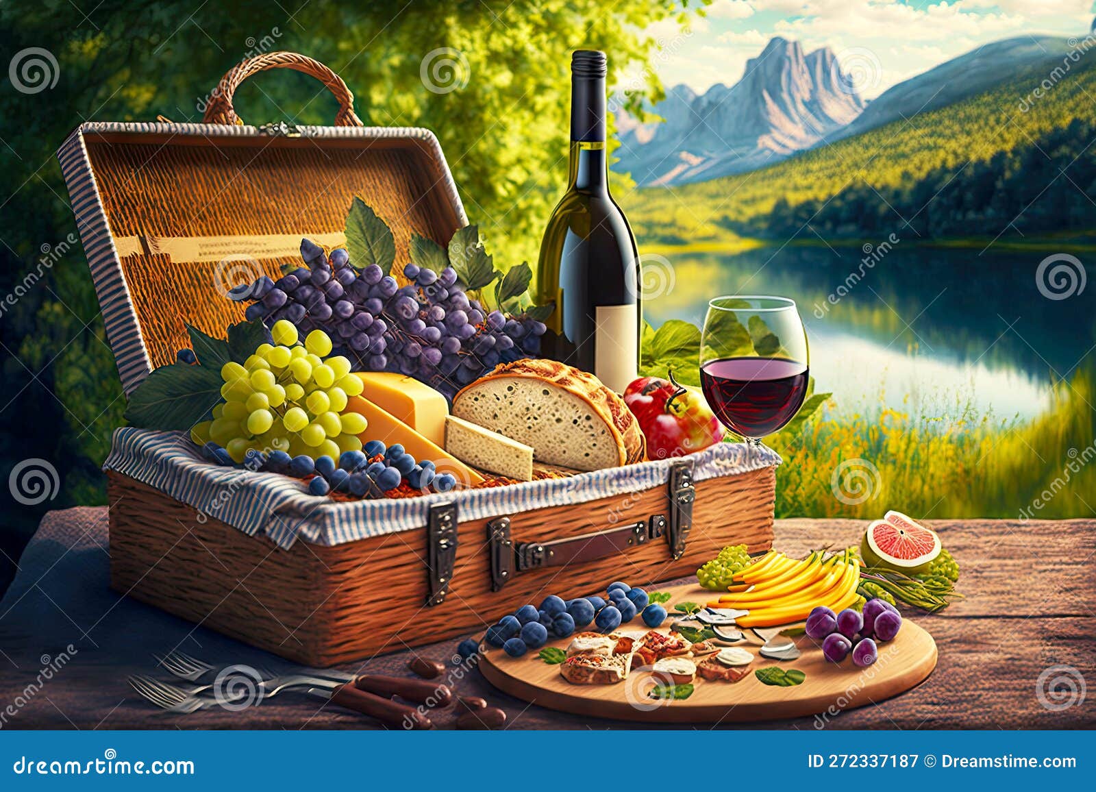 Summer Picnic Basket on Table in Nature with Cheese, Gs and Wine Stock