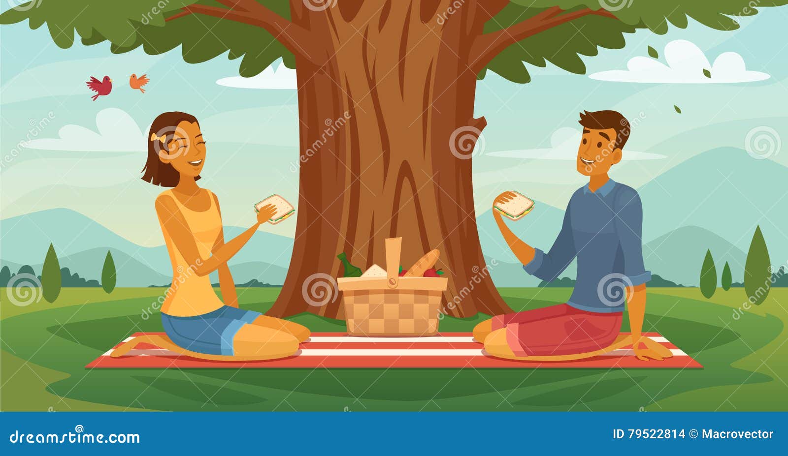 Summer Picnic Couple Retro Cartoon Poster Stock Vector - Illustration