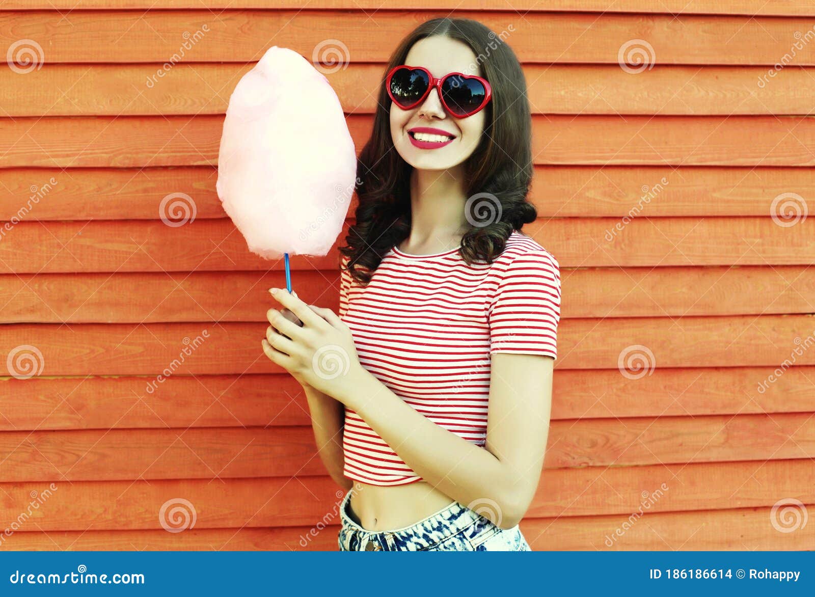 Summer Portrait of Happy Smiling Young Woman with Cotton Candy in ...