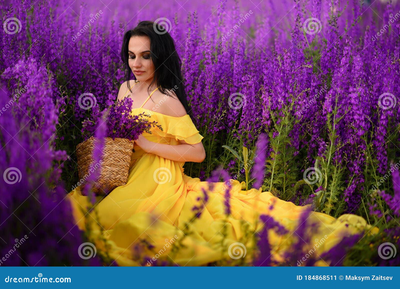 yellow dress purple flowers