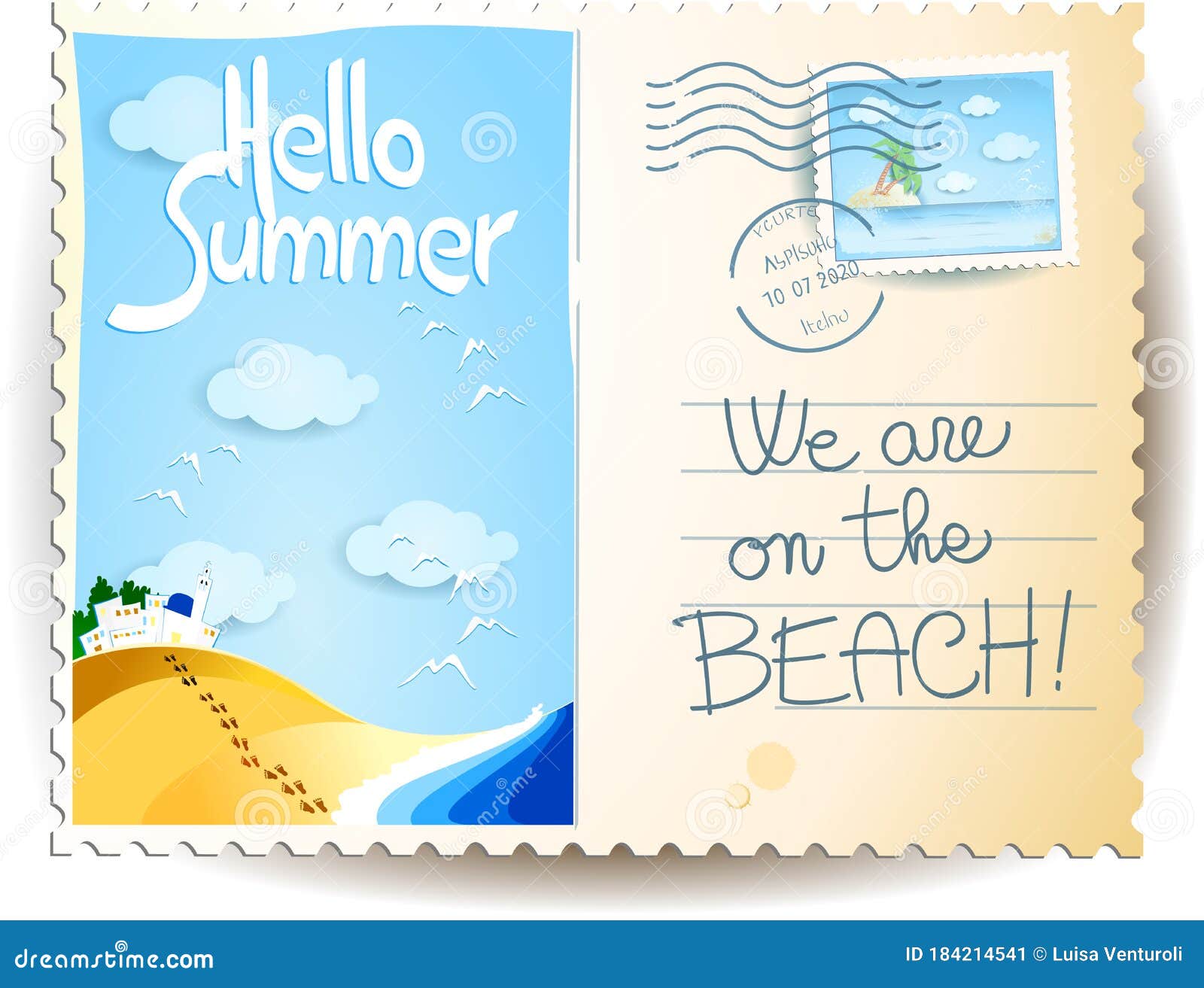 Summer Postcard with Seascape, Stamp, Postmark and Text Stock
