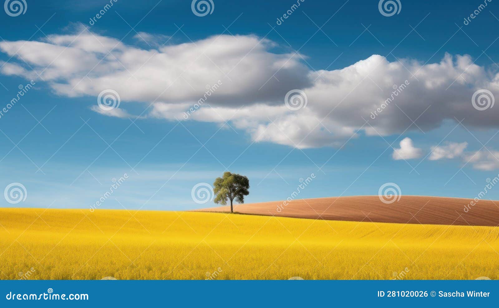 Summer S Serenade: a Minimalist Tree in a Serene Landscape Stock