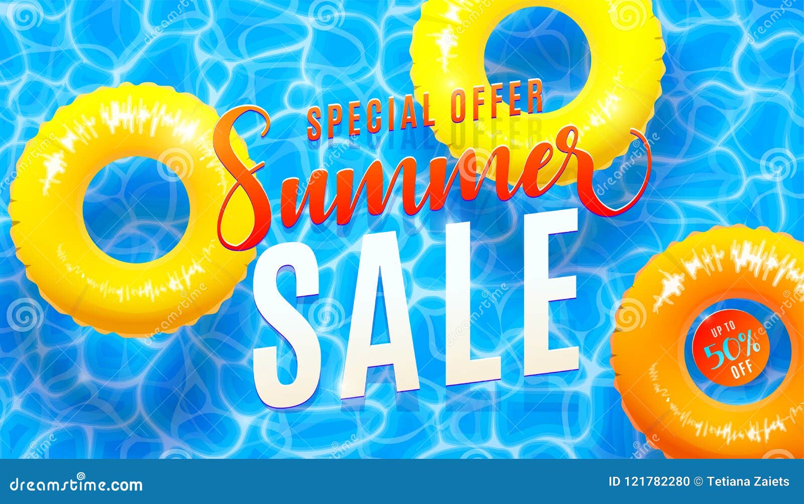 summer sale banner background with blue water texture and yellow pool float.   of sea beach offer