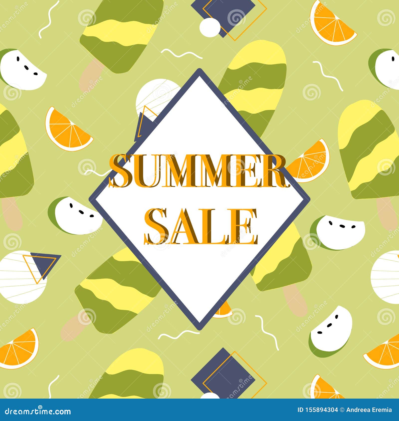 Summer Sale Banner with Green Ice Cream and Memphis Elements. Vector ...