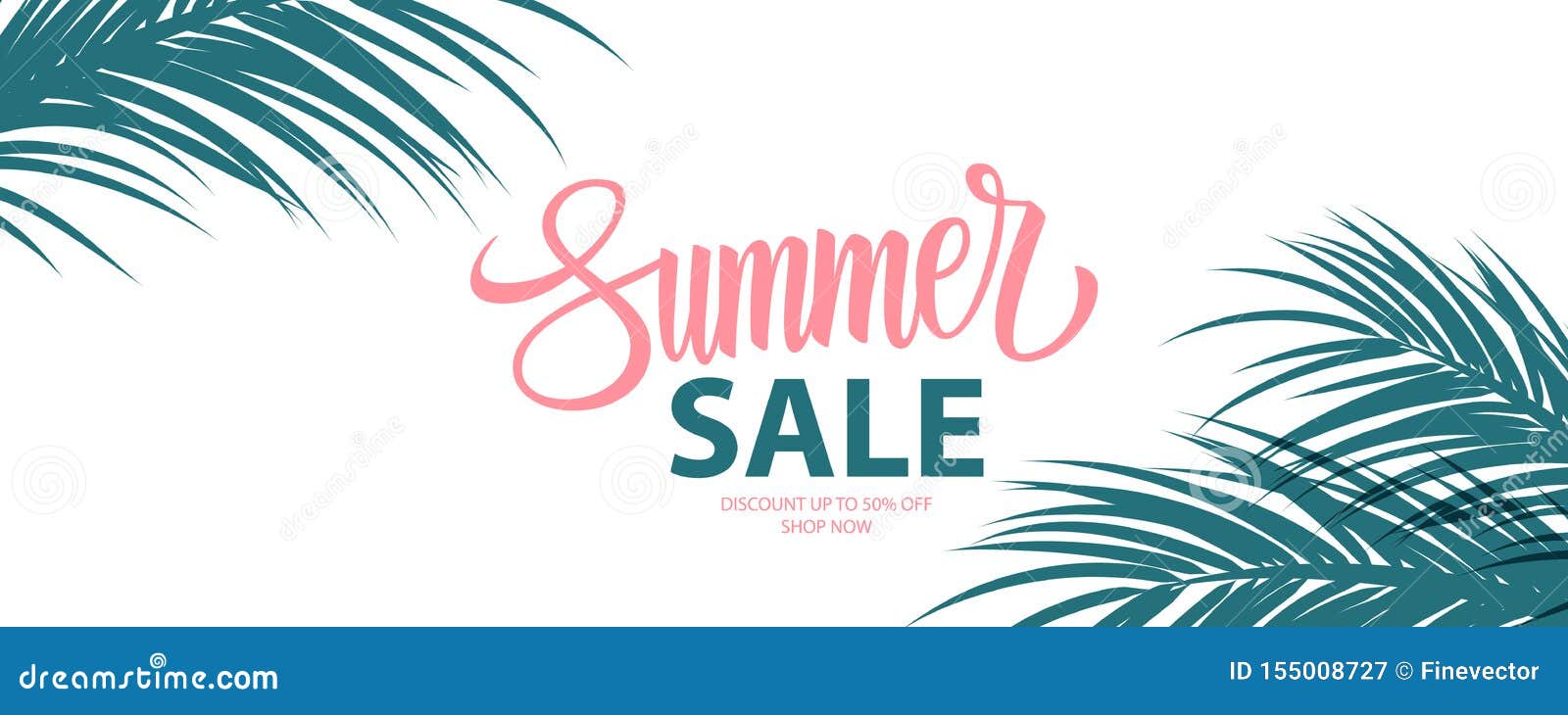 summer sale special offer banner. summertime seasonal background with hand lettering and palm leaves for business.