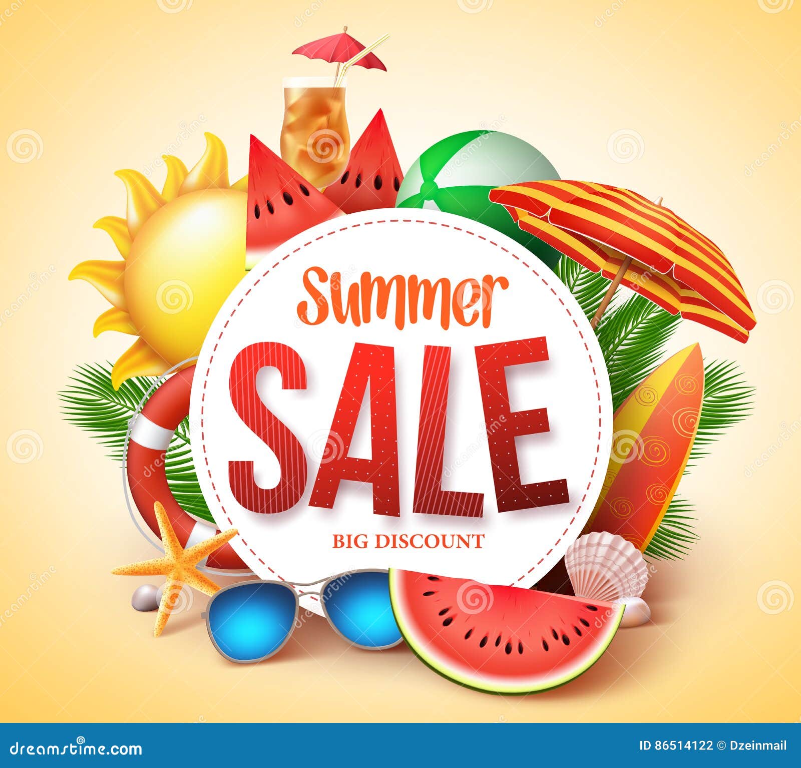 It's summer time vector banner design template with colorful beach elements  and white space for text and title in yellow pattern background for summer  season. Vector illustration. Stock Vector