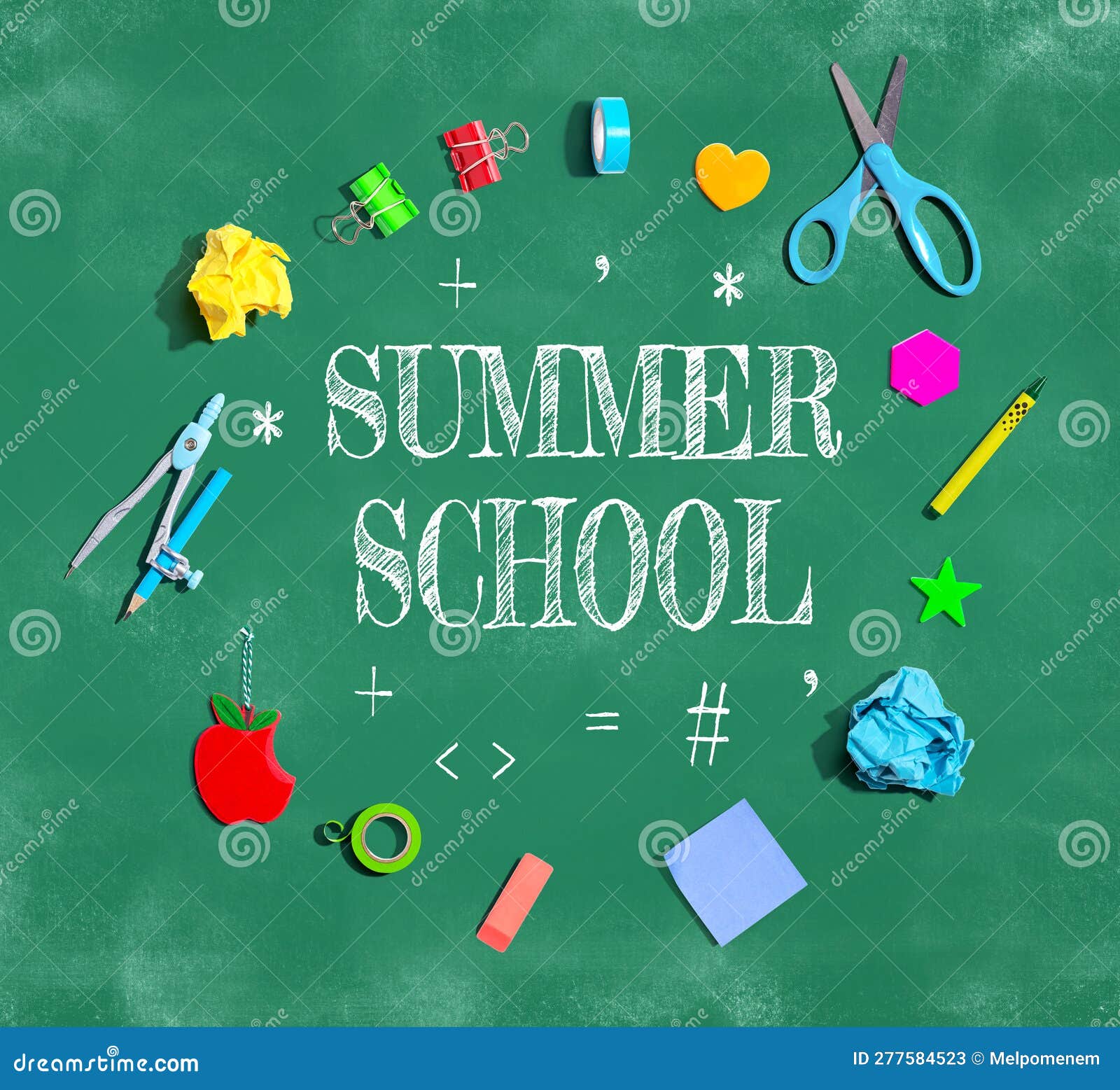 Summer School Theme with School Supplies on a Chalkboard Stock Image