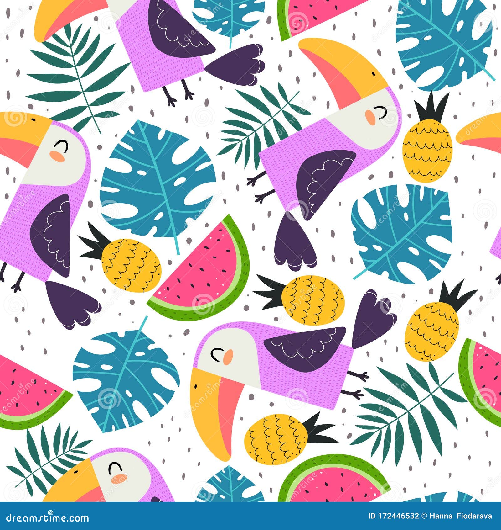 Summer Seamless Pattern with Cartoon Toucans, Watermelons, Pineapples