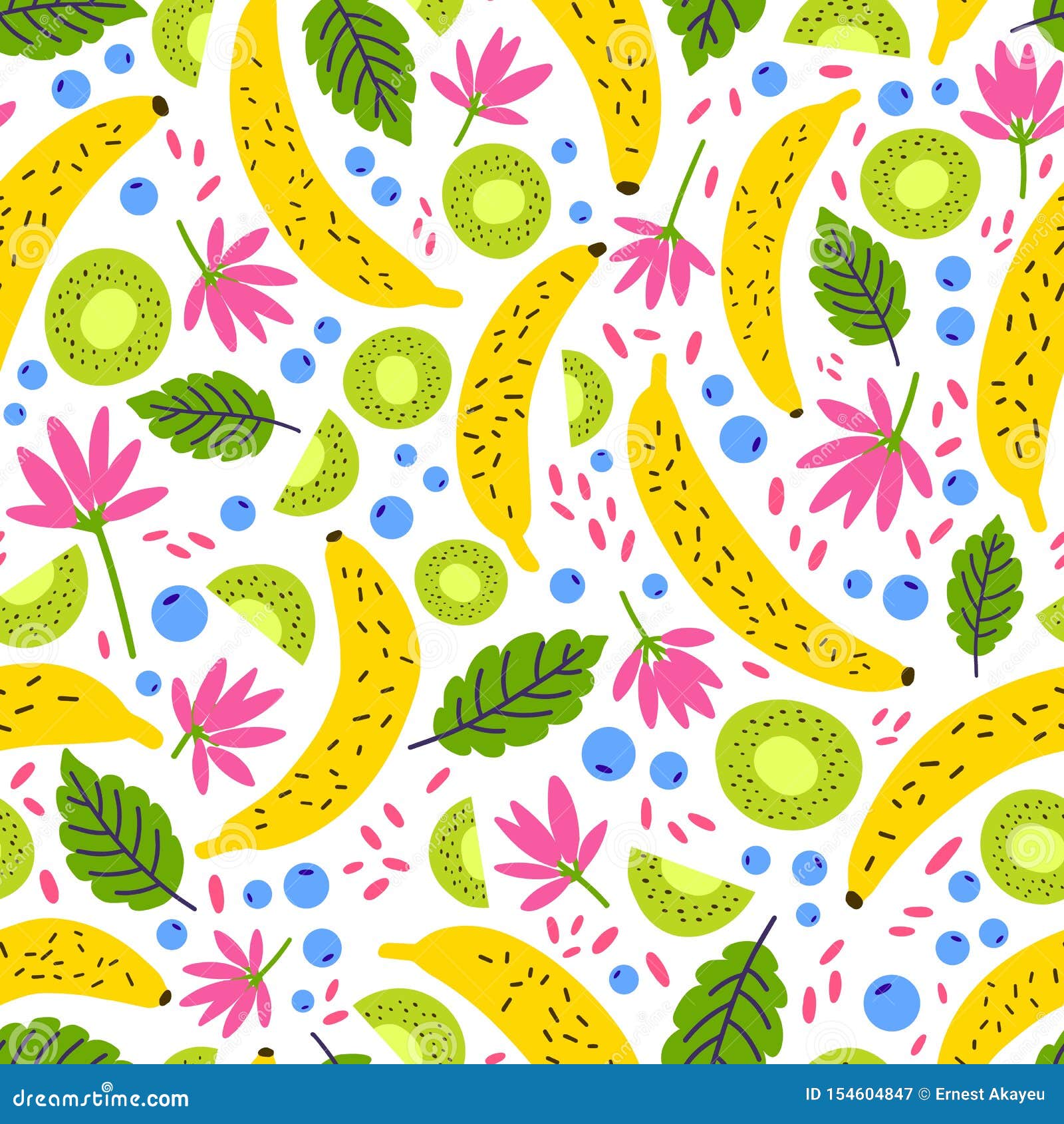 Summer Seamless Pattern with Fresh Exotic Fruits, Berries, Flowers and