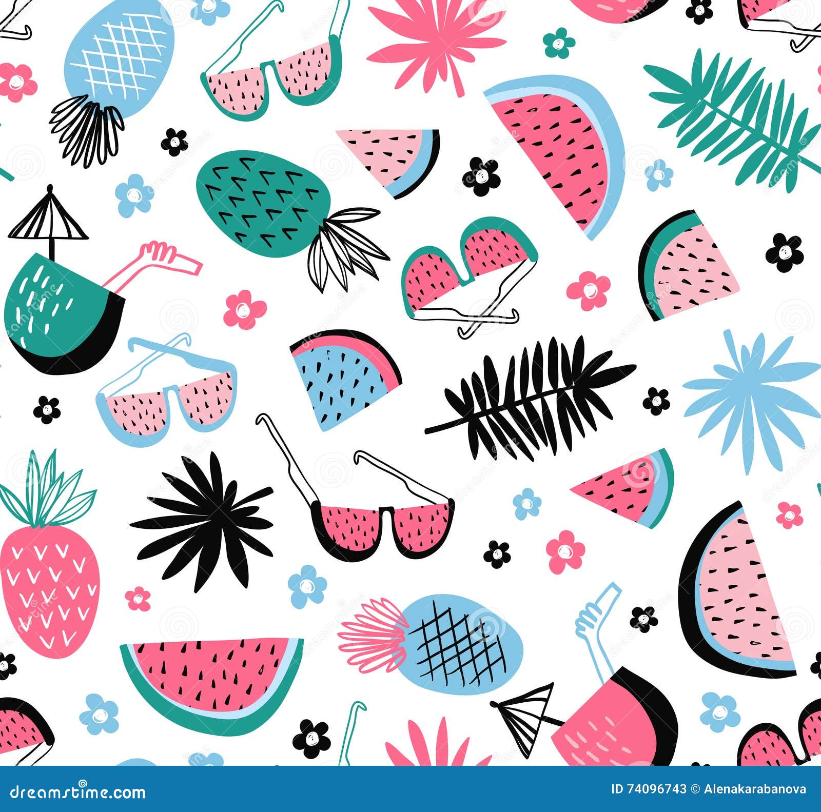 Summer Seamless Pattern. Vector Tropical Background with Exotic Fruit ...