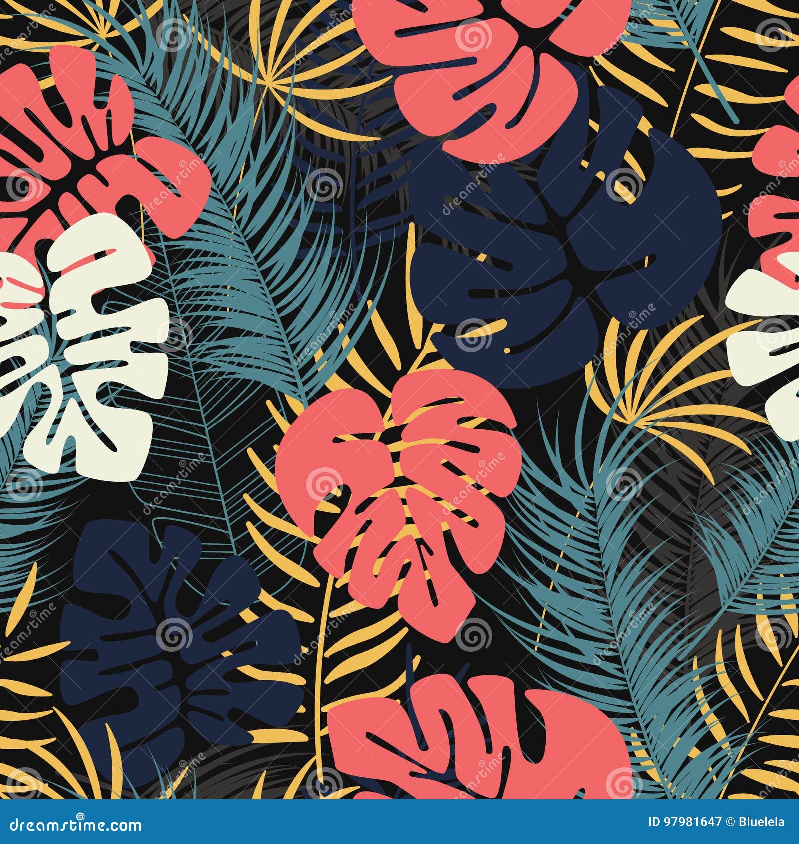 summer seamless tropical pattern with colorful monstera palm leaves