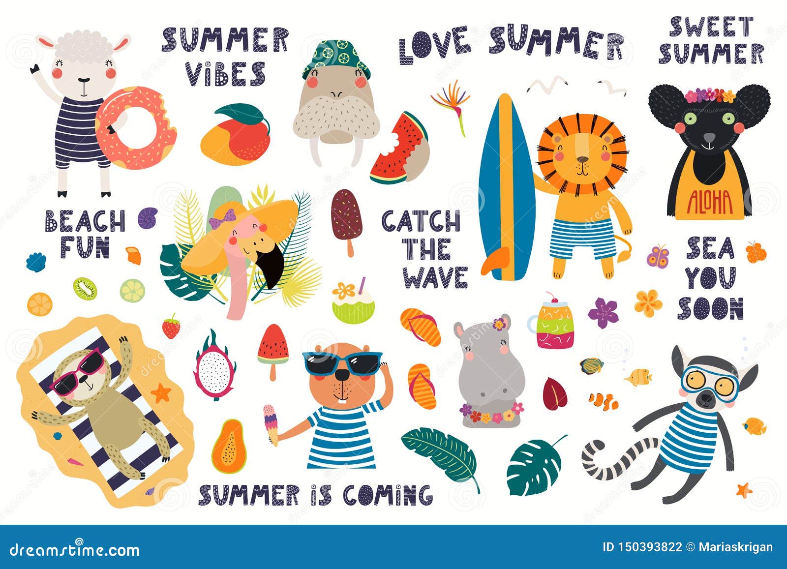 Summer Set with Cute Animals Stock Vector - Illustration of diving, fruits:  150393822