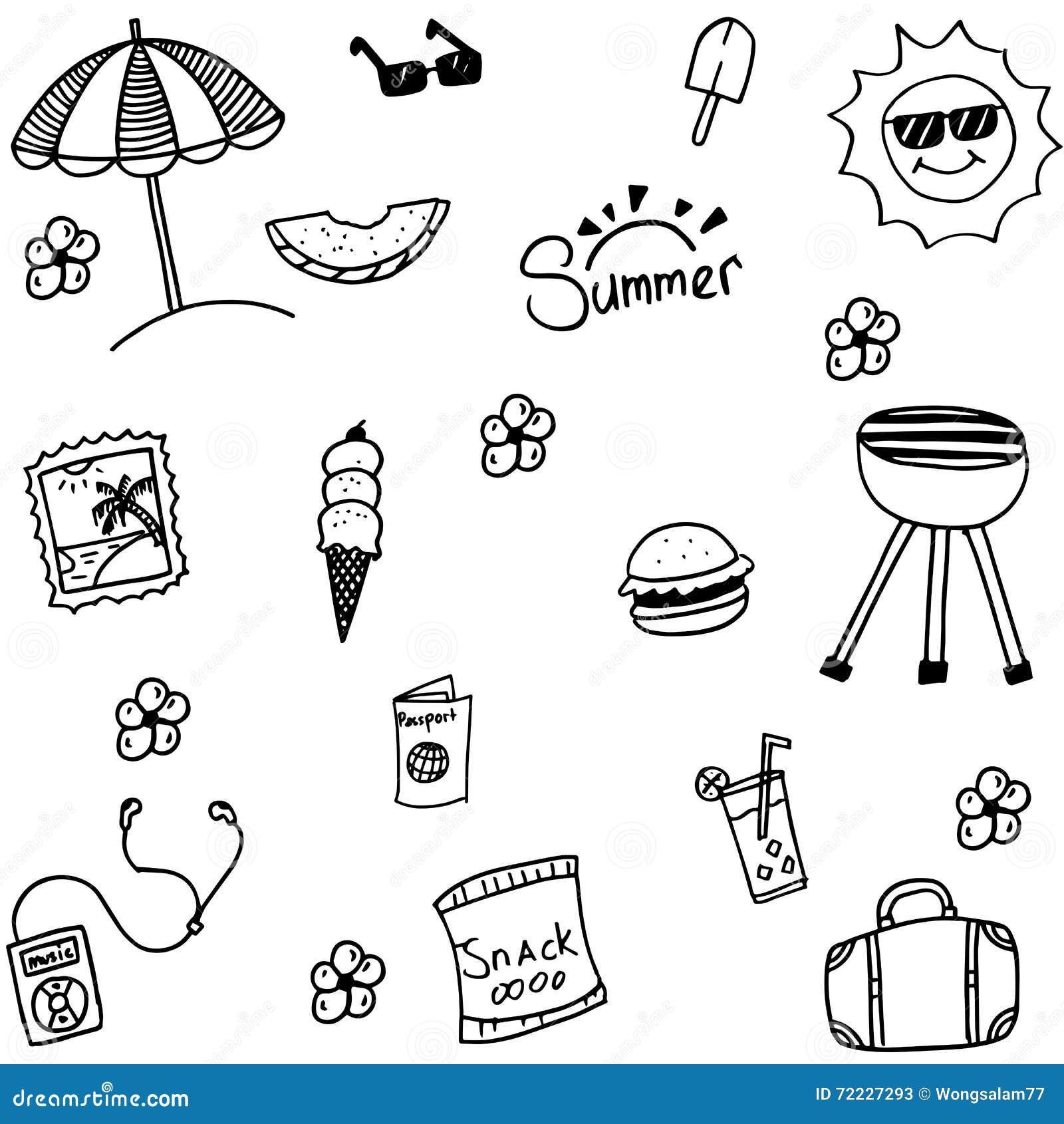 Summer Set Happy Picnic Doodle Stock Vector Illustration of black