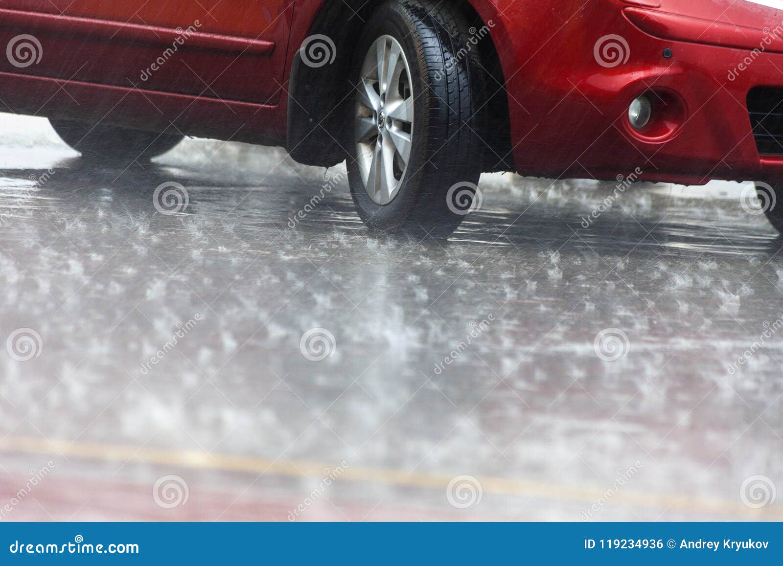 Summer Shower. Car Wheels in the Summer Rain Stock Photo Image of