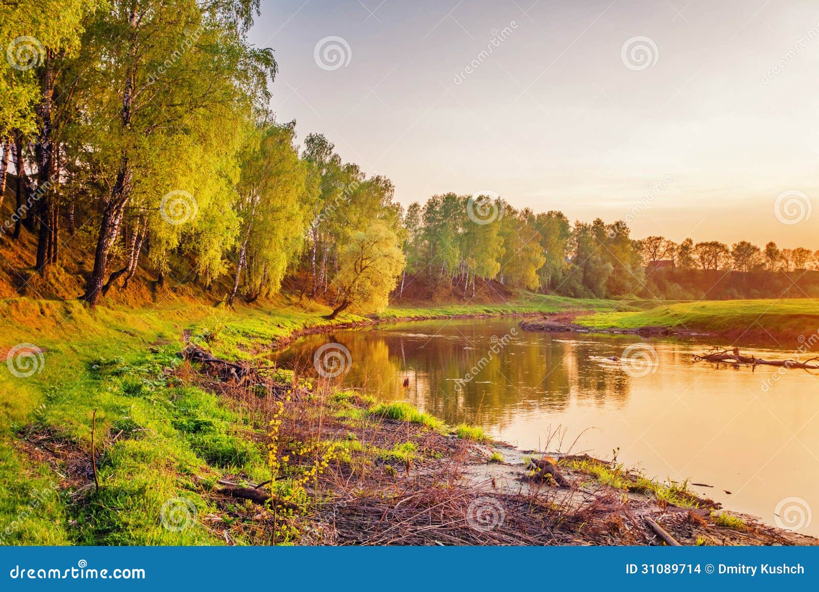 Summer sunset around field and river. Summer sunset around field with with small river