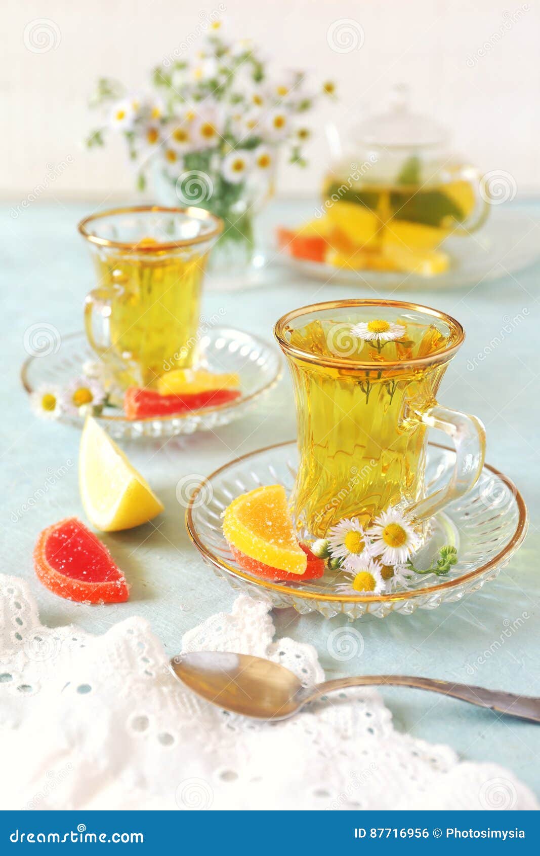 Summer Tea Party Herbal Tea with Fruit Jelly Stock Photo Image of infusion, floral 87716956