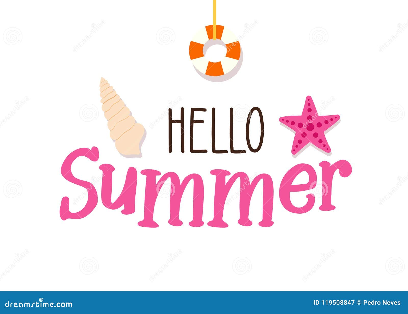 summer text banner with beach and marine s - starfish, seashell and life buoy.   