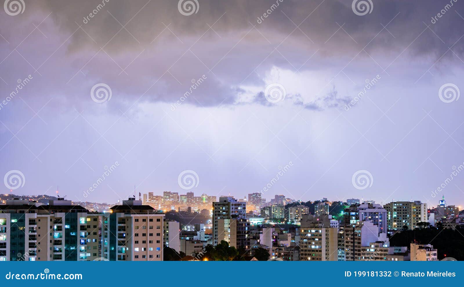 images of the arrival of a strong summer storm with lightning and rain. event in the city in the late afternoon, early evening in