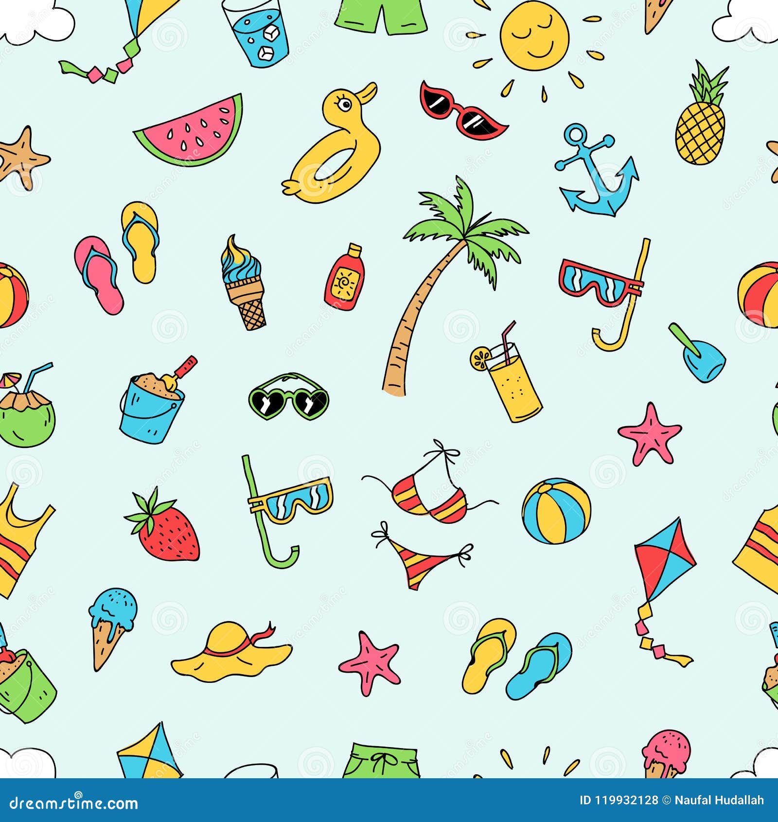 Summer Time Beach Holiday Seamless Pattern. Ready To Print Hand Drawing  Cartoon Style Design for Paper, Fabric Production. Stock Illustration -  Illustration of palm, bikini: 119932128