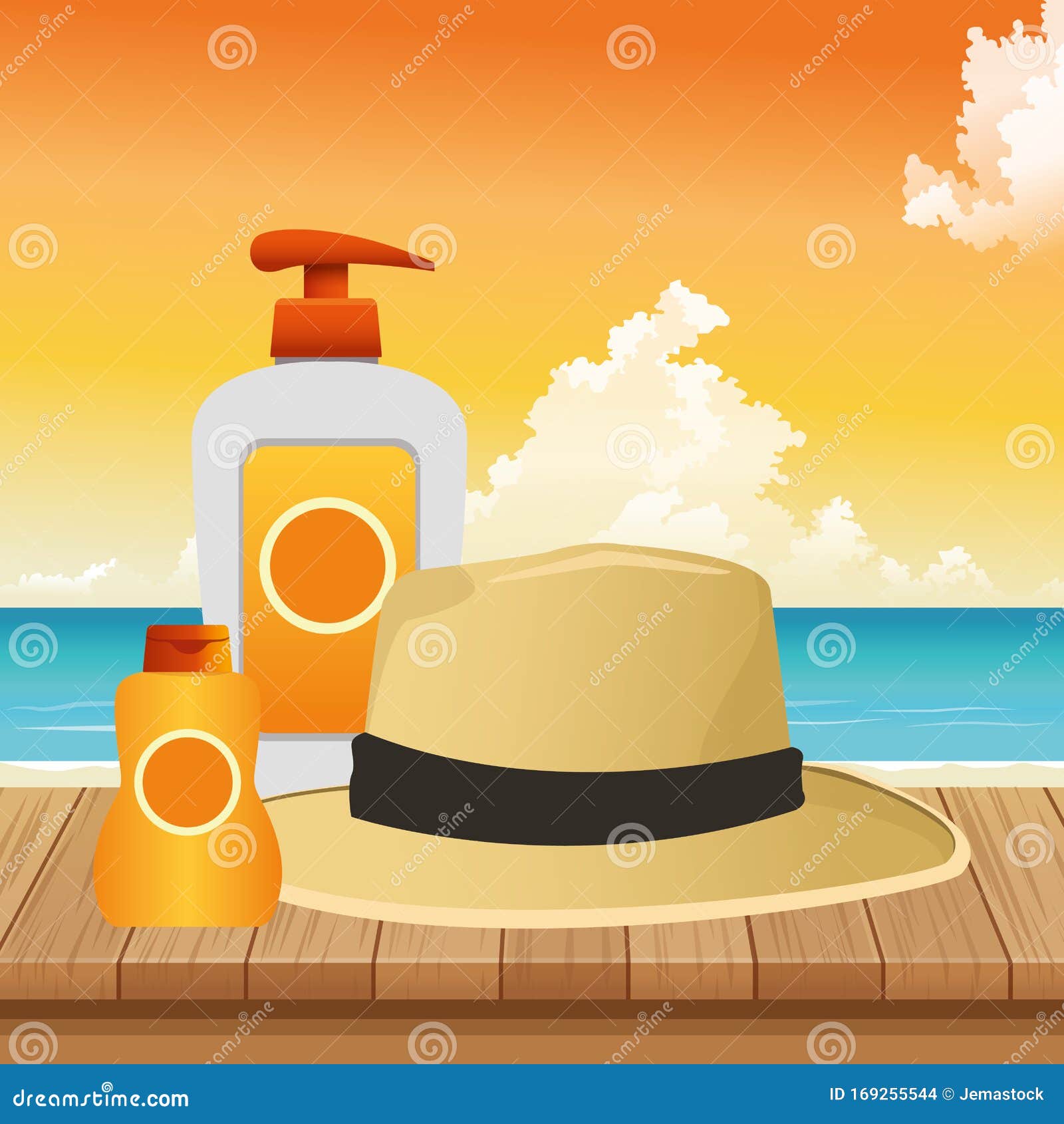 Summer Time in Beach Vacations Hat Bottle Skin Care Sunblock on Wooden Sea  Stock Vector - Illustration of skin, summer: 169255544