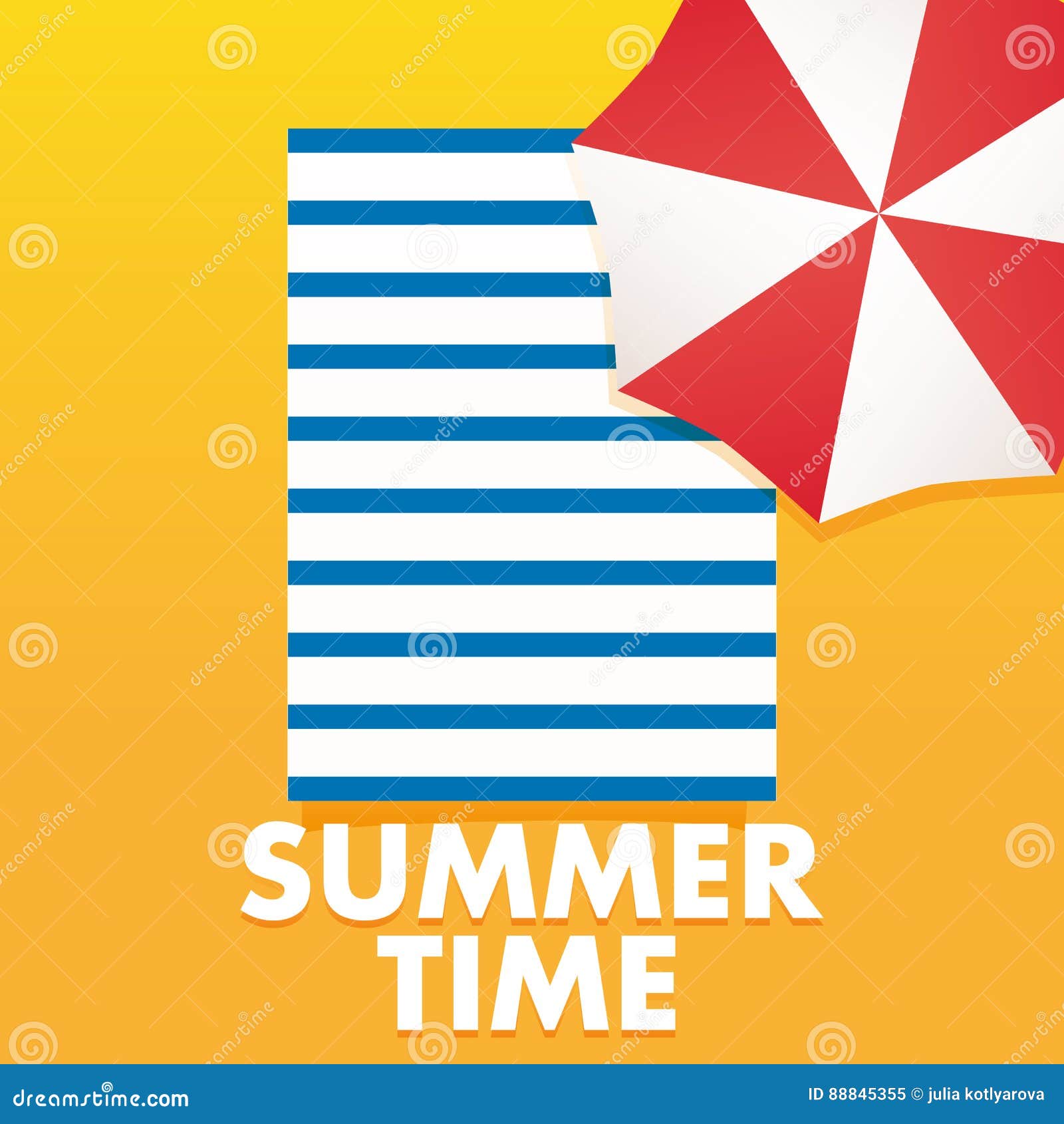 Summer Time Poster Template with Umbrella, Sand Beach Towel Stock