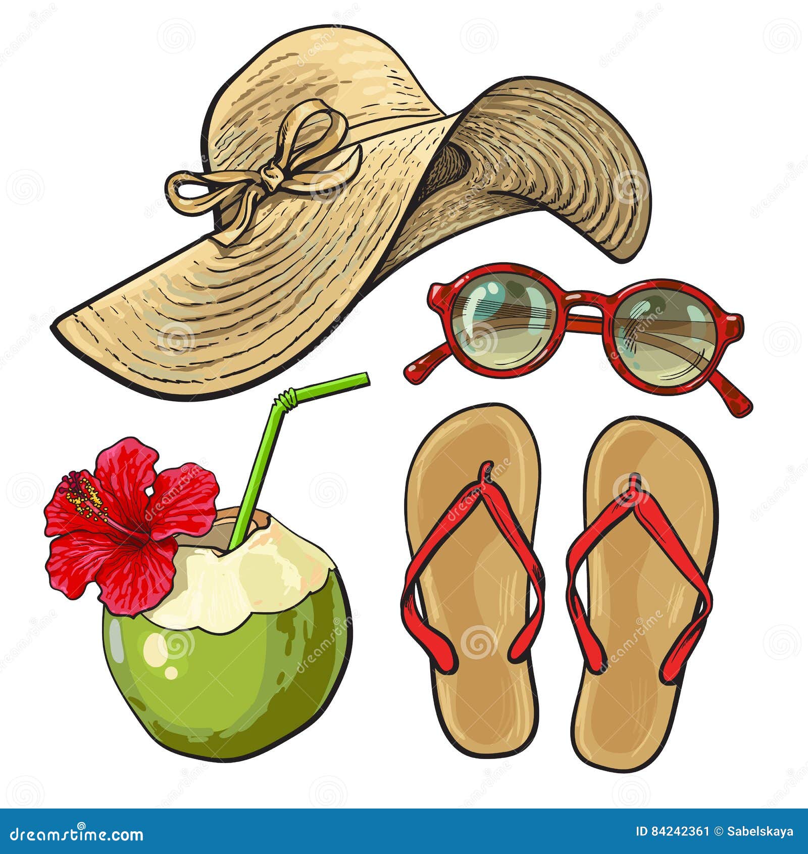 Summer Time Vacation Attributes - Hat, Sunglasses, Flip Flops, Coconut ...