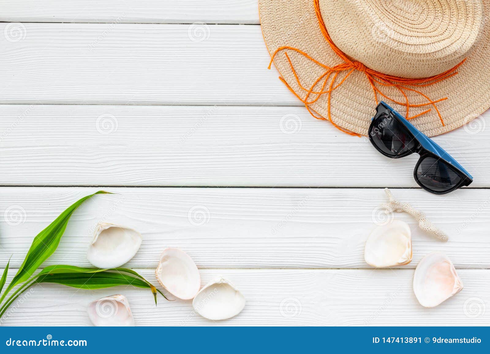 Summer Travaling To the Sea with Straw Hat, Sun Glasses, Shells on ...