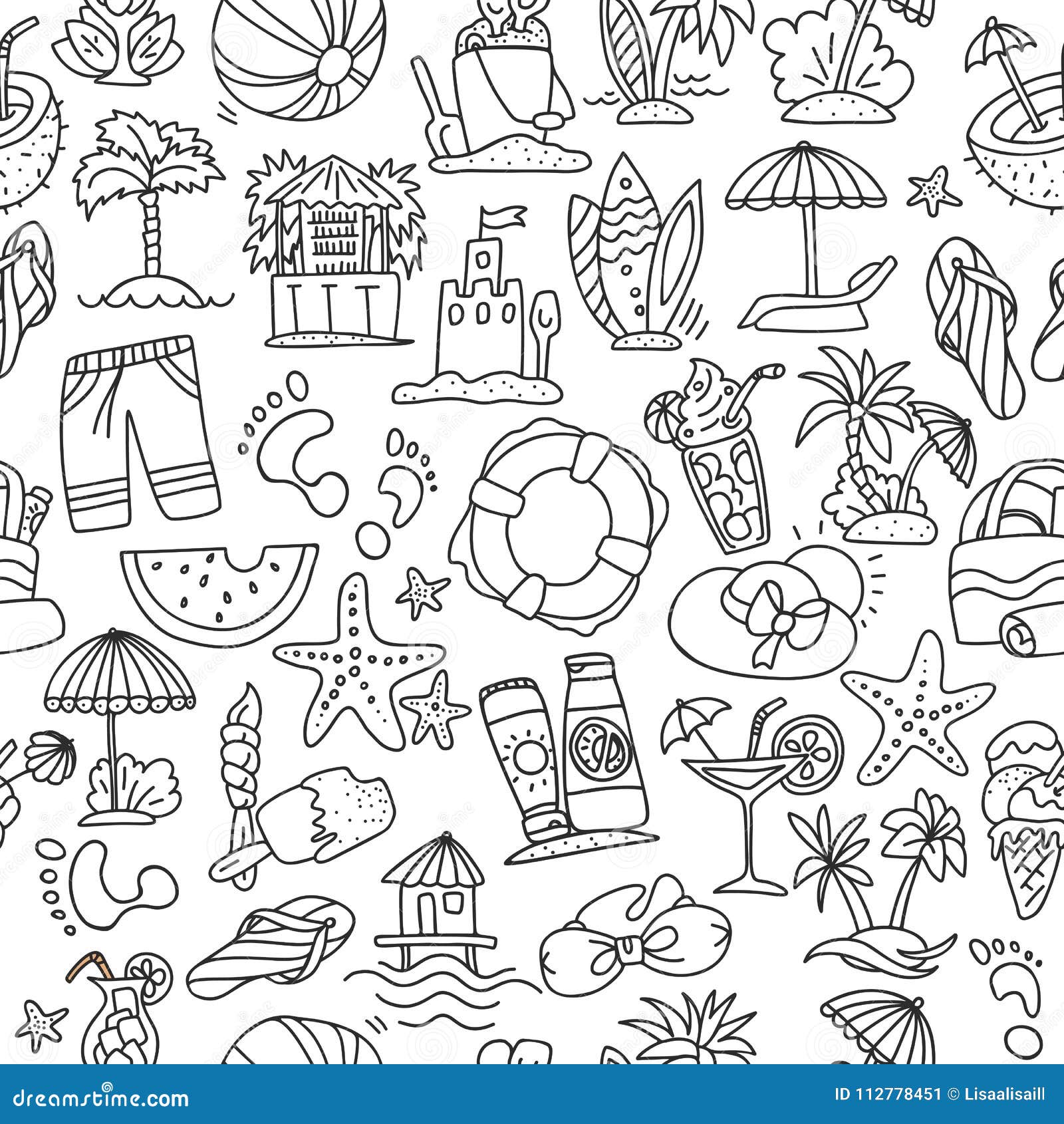 Summer, Travel and Beach Sketch Seamless Pattern in Black and White ...