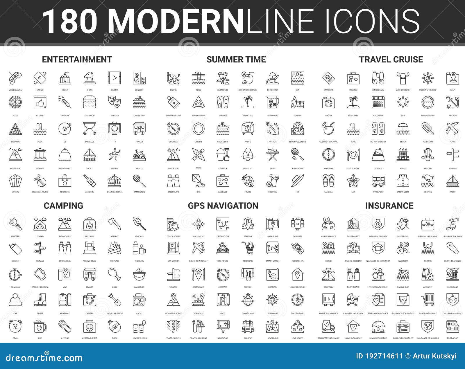 Summer Travel Tourism Vector Illustration, Flat Thin Line Icon Set