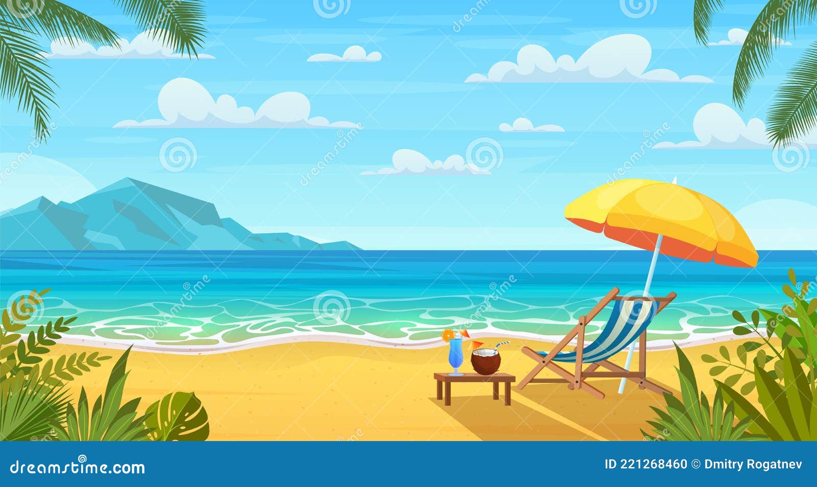 Summer Tropical Beach with Sun Loungers Stock Vector - Illustration of ...