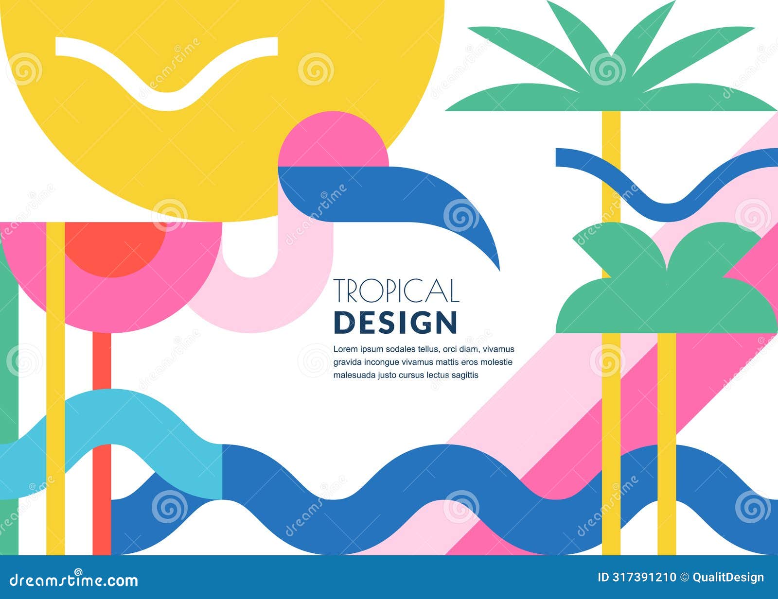 summer tropical geometric background.  print, banner, poster, greeting card  with palms and flamingo