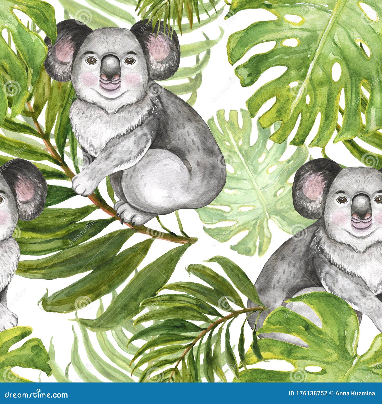 Summer Tropical Seamless Pattern with Cute Koala Bear and Green Exotic  Leaves. Hand Painted Wild Animal, Palm Leaves and Monstera Stock  Illustration - Illustration of australia, koala: 176138752