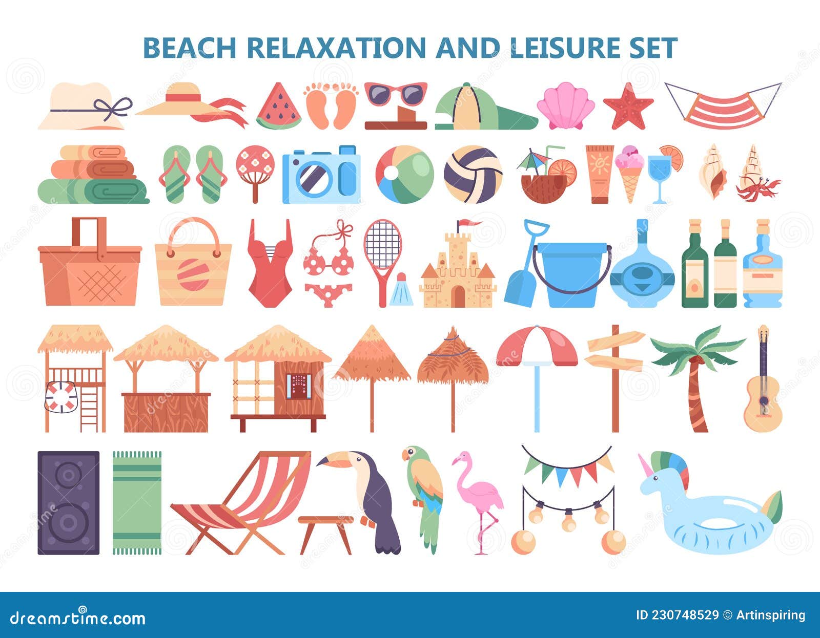 Summer Vacation and Beach Leisure Items Set. Objects for Relaxation Stock Vector Illustration