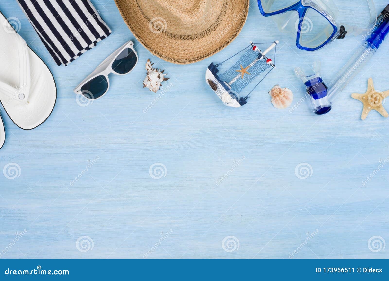 Summer Vacation Concept with Beach Items on Blue Wooden Background ...