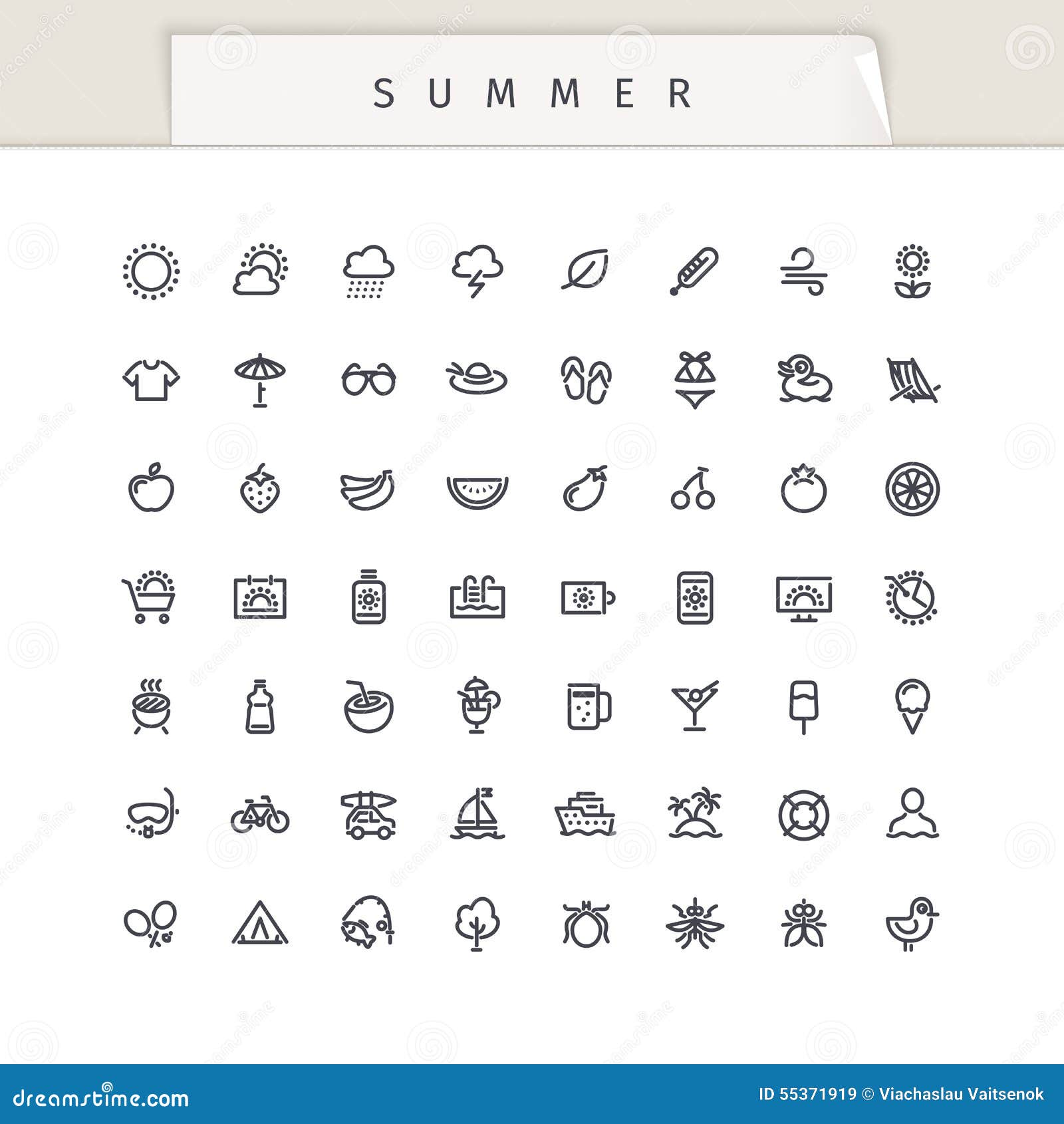 Summer and Vacation Stroke Icons Set. on white background. Clipping paths included in JPG file.