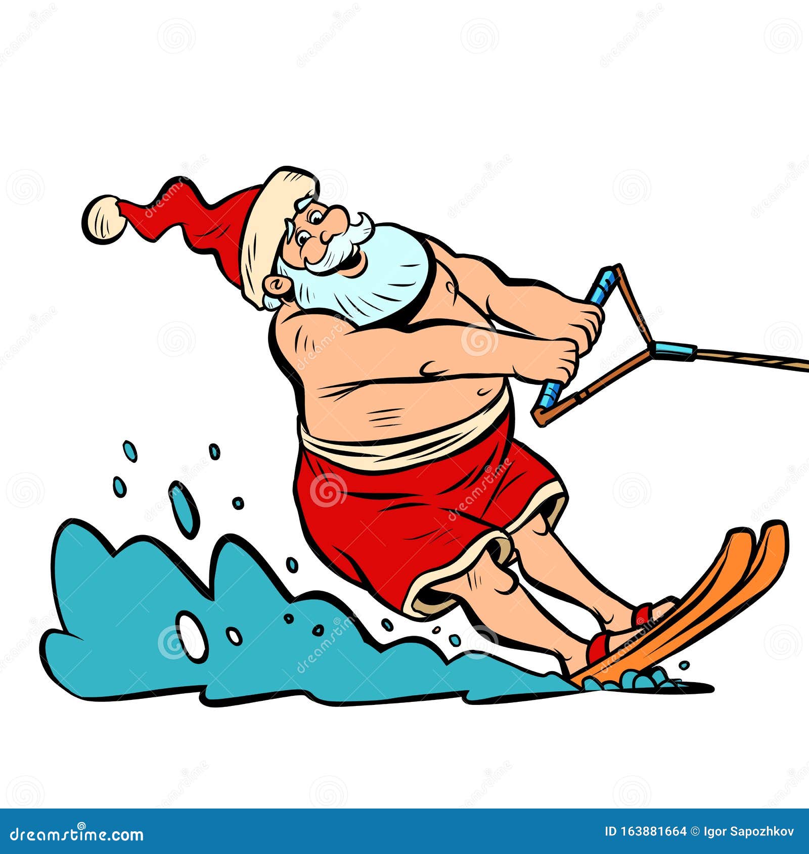 Summer Vacation Water Skiing. Santa Claus Character Christmas New Year