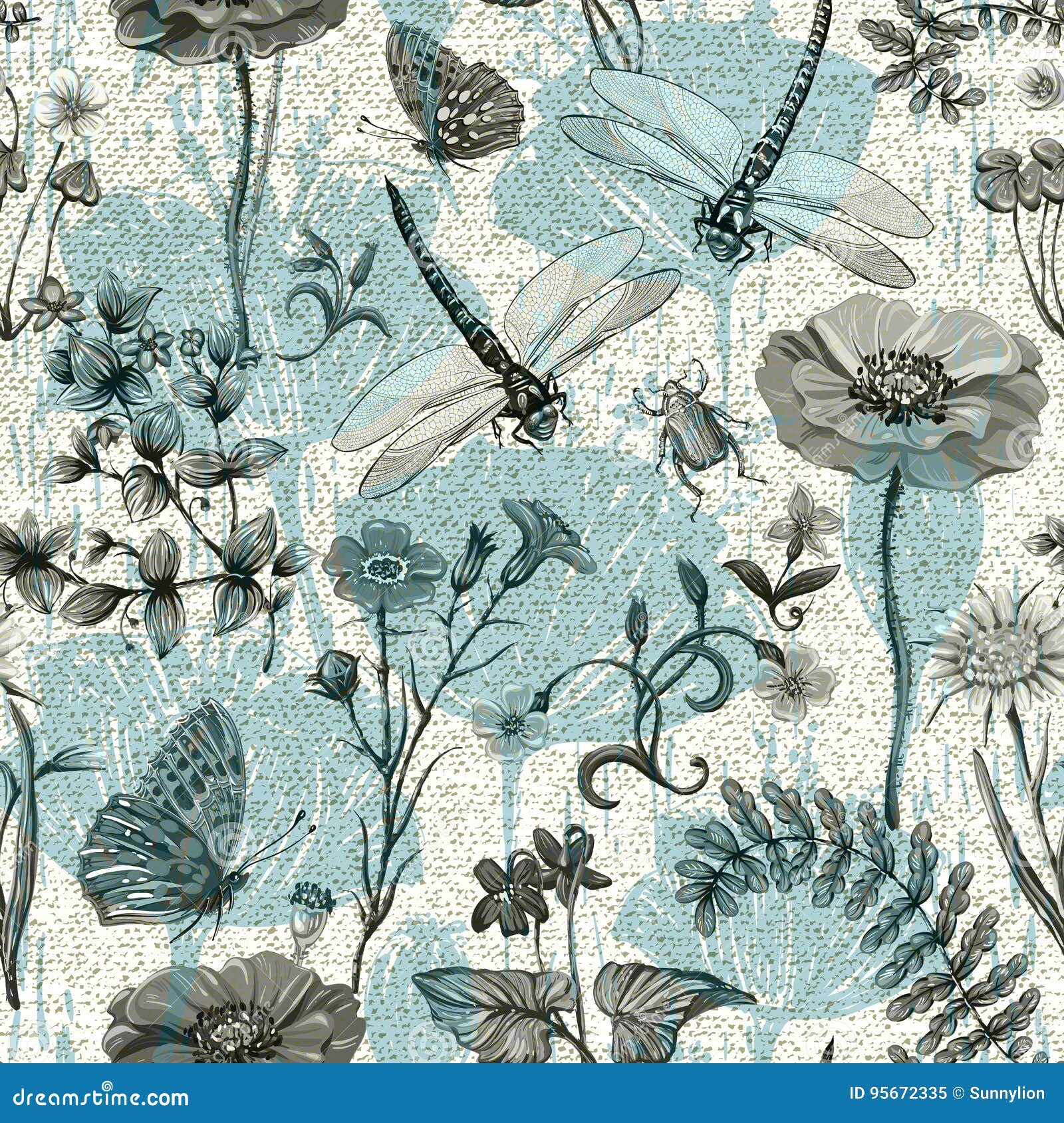 summer  seamless pattern. botanical wallpaper. plants, insects, flowers in vintage style. butterflies, dragonflies