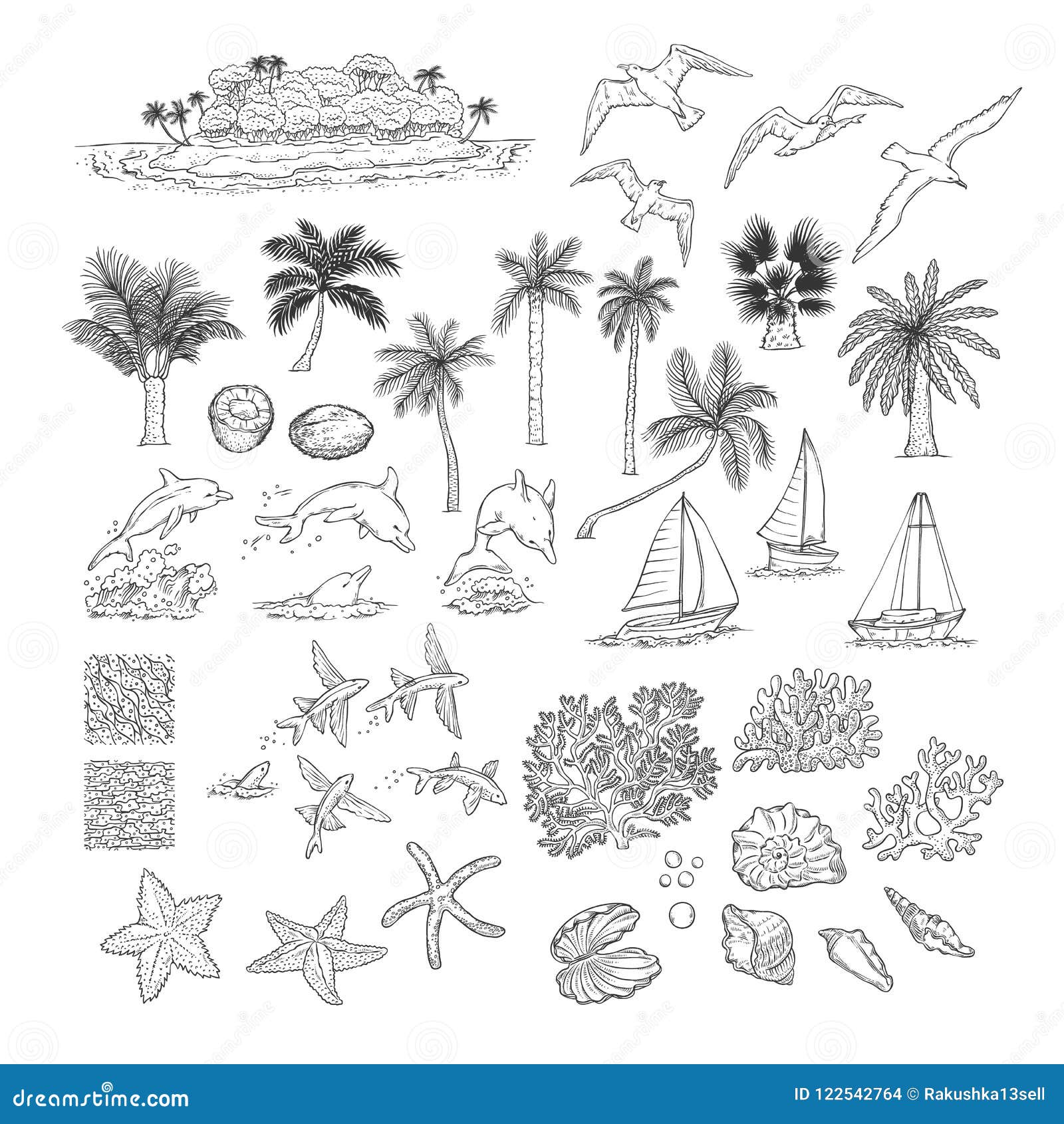 Summer Vector Set Tropical Plants and Water Animals. Island with Palm among  Ocean, Different Dolphins Seagulls Fish and Stock Vector - Illustration of  marine, outline: 122542764