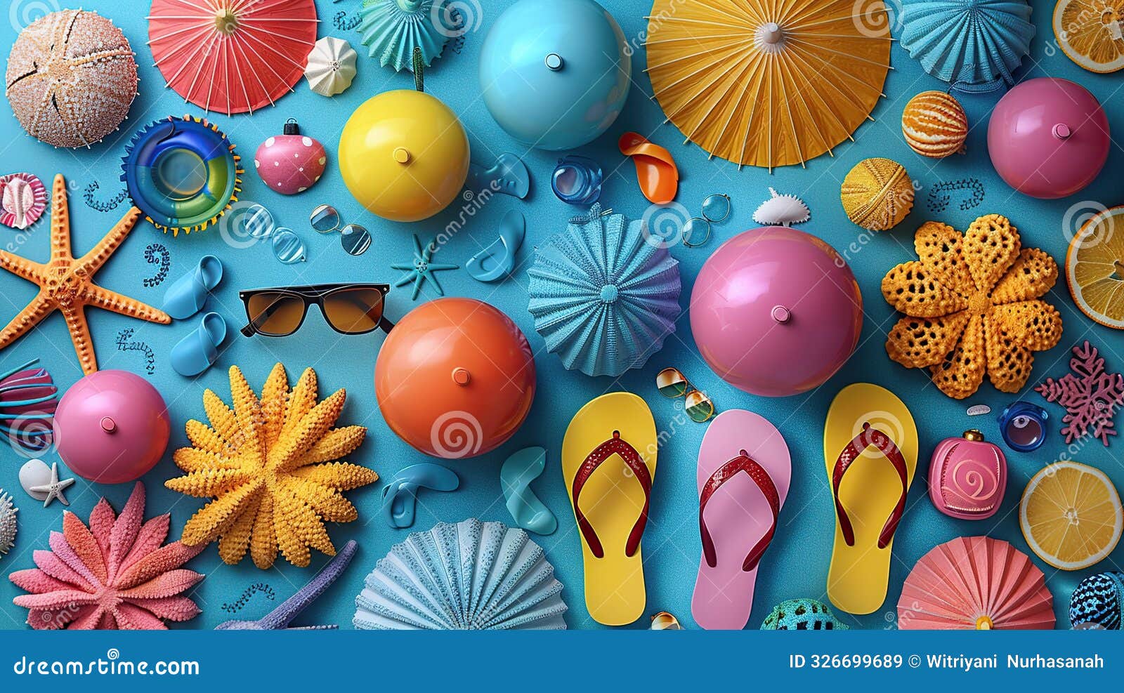 summer vibes: colorful objects on blue background