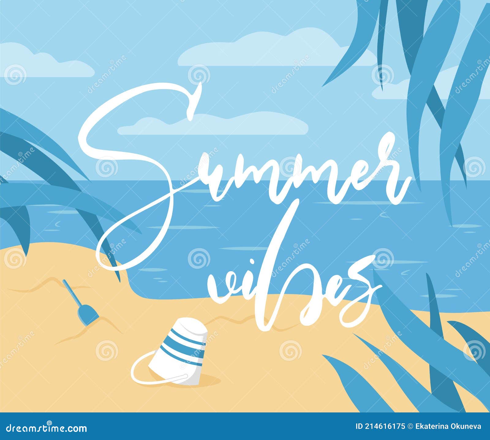 summer vibes poster template with text space. summer beach, palms and sea in pblue nk and yellow colors.