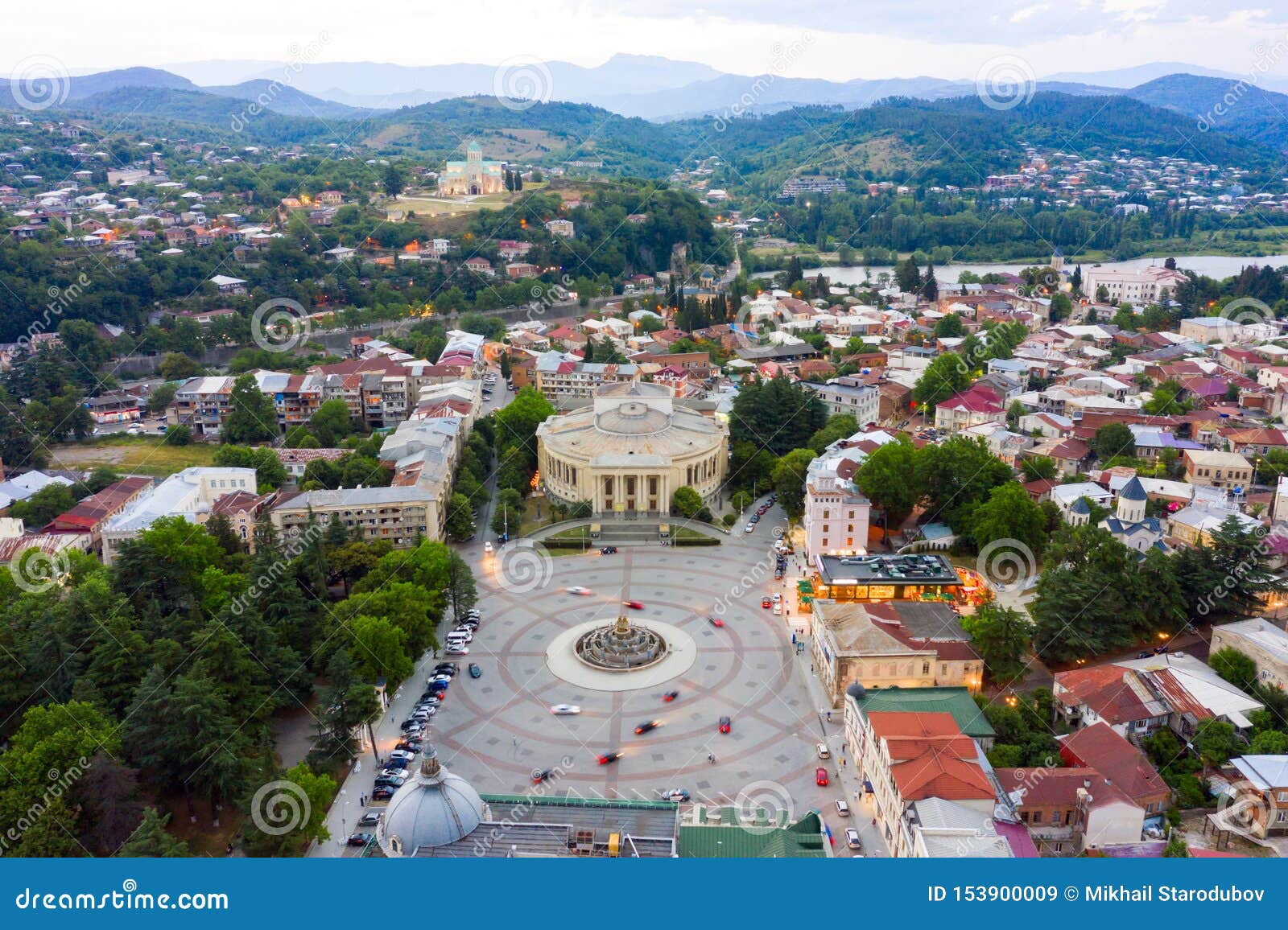 summer view of the city of kutaisi, georgia. david agmashenebeli square, theater named after lado meskhishvili and old