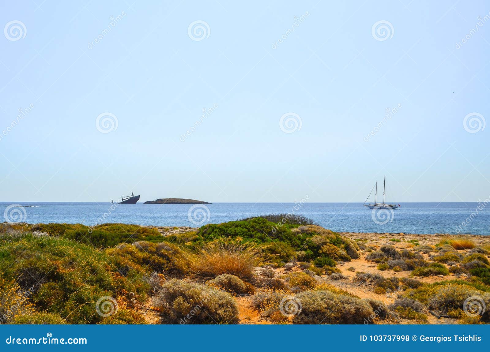 ship wreck `nordland` and yacht, diakofti kythera, greece.