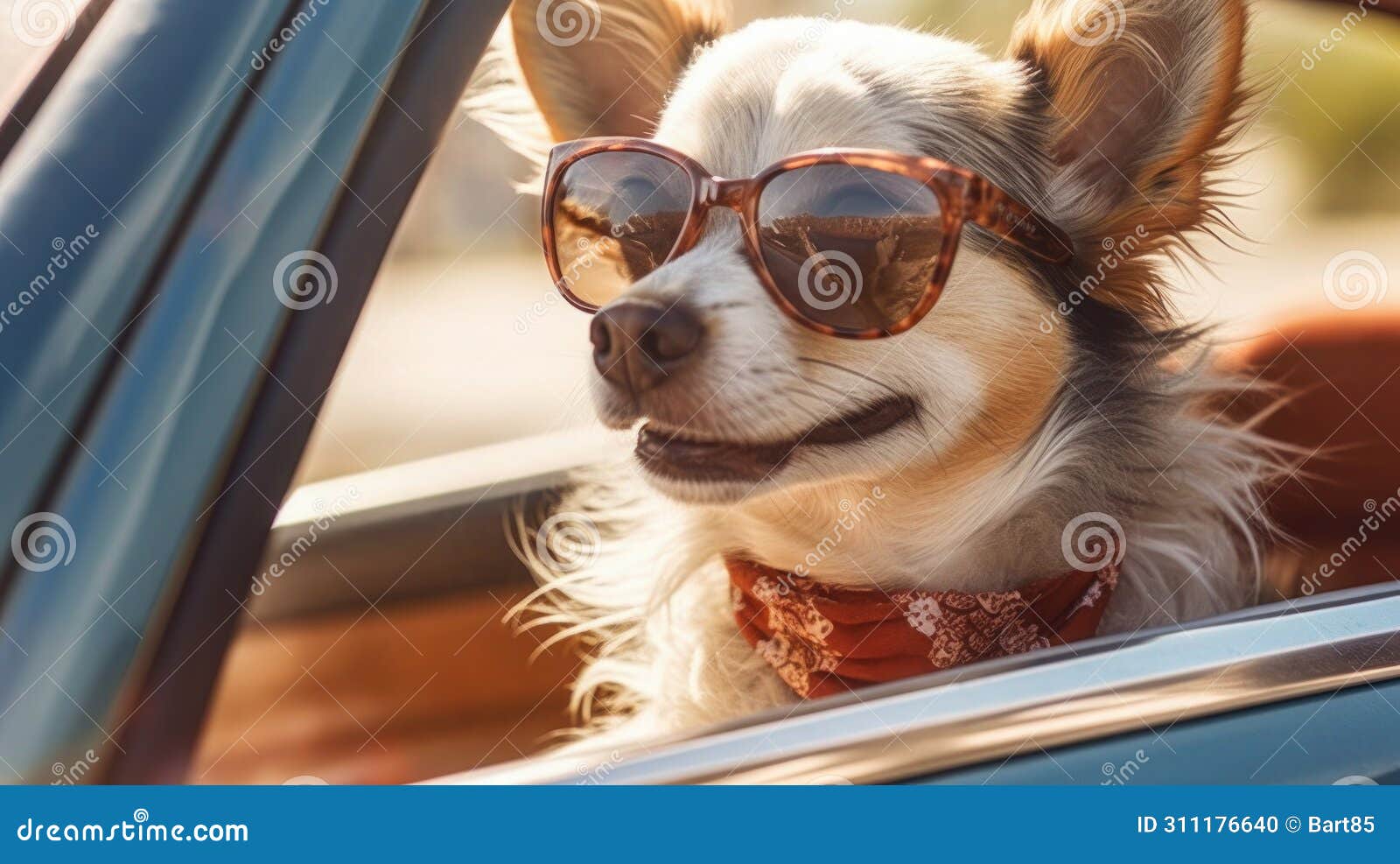 summer wanderlust chihuahua dog with shades and leash on adventurous road trip - generative ai