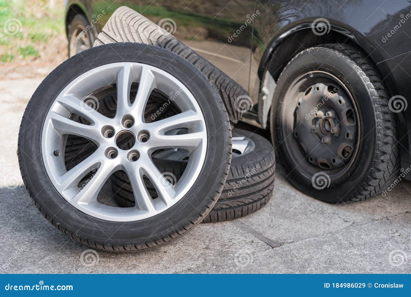 Summer Wheels Lying Near Car On Winter Tires Stock Image ...