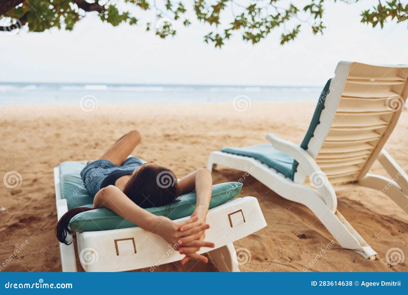 Woman Sand Ocean Smiling Beach Sunbed Sea Lying Lifestyle Relaxation Resort Stock Photo Image